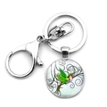 Detailed macro view of colorful hummingbird glass pendant with metal lobster clasp keyring - Swirl Pattern Hummingbird Art Style (JY008549-12)