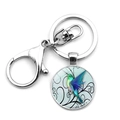 Polished alloy keychain featuring a colorful hummingbird glass dome pendant charm - Emerald Green Hummingbird Sketch Style (JY008549-8)