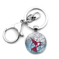 Macro detail of silver hummingbird keychain featuring a lobster clasp and glass pendant - Blue Base Red Bird Art Style (JY008549-5)