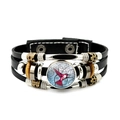 Retro multi-layer leather hummingbird bracelet with glass cabochon and snap closure - Magenta Hummingbird with Blue Background (JY008557-5)