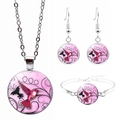 Colorful hummingbird necklace, earrings and bracelet jewelry set with floral art patterns - Pink Background Bird and Flower (JY008559-3)