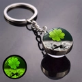 Luminous four-leaf clover keychain with double-sided glass ball and green glow effect - Luminous Four-Leaf Clover Round Style (JY008582-3)