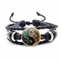 Handmade woven leather bracelet with Yin Yang Tai Chi and Tree of Life glass cabochon - Moon Tree Life Yin Yang (JY008564-4)