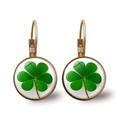 Detailed view of bronze lever-back earrings with green lucky clover glass domes - Antique Bronze Emerald Green Four-Leaf Clover Style (Copper-1)