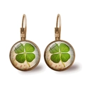 Vintage bronze four leaf clover crystal glass drop earrings with green lucky clover motif - Vintage Bronze-Tone Pink Flower Four-Leaf Clover Style (Copper-2)