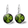 Detail of silver clover earrings featuring green clover motifs and lever-back closures - Silver Color Four-Leaf Clover Style with Dark Background (Silver-6)
