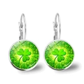 Detailed view of leverback clover earrings with vibrant green patterns and glass domes - Silver Radial Green Glow Clover Style (Silver-5)