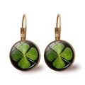 Vintage bronze lever-back earrings with green four-leaf clover pattern on black base - Antique Bronze Four-Leaf Clover Dewdrop Style on Black Base (Bronze-6)