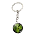 Detail view of silver clover keychain with green four-leaf clover crystal glass pendant - Clover with Water Droplet Effect (JY008590-6)