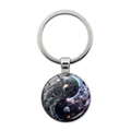 Macro detail of cosmic galaxy Yin Yang symbol keychain with polished silver alloy frame - Interstellar Nebula Style (JY008561-Silver11)