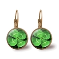 Vintage bronze clover earrings with green crystal glass stones on white background - Antique Bronze Forest Style Glass Cabochon (Bronze-4)