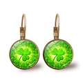 Vintage bronze four-leaf clover drop earrings with green shamrock glass cabochon charm - Antique Bronze Radiant Four-Leaf Clover Style (Copper-5)