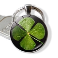 Lucky four leaf clover keychain with green glass cabochon pendant on polished silver ring - Jy008583-6