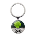 Four-leaf clover lucky charm keychain with silver metal ring and glass dome pendant - B&W Leaf Background Clover Style (Silver 3)