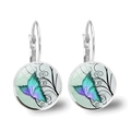 Detail of round silver drop earrings with teal butterfly motif and artistic scroll pattern - Silver-Cyan Purple Butterfly Style 11