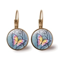 Vintage bronze butterfly glass dome drop earrings with colorful artistic pattern - Bronze-Natural Butterfly Style 8