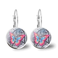 Lever-back drop earrings featuring pink and blue butterfly motifs in round glass domes - Silver-Pink Blue Butterfly Style 2