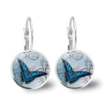 Silver leverback earrings featuring a round blue butterfly glass cabochon pendant - Silver-Blue Butterfly Style 3