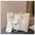 Quilted cream tote bag set with matching inner pouch and diamond stitching patterns - White