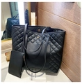 Black quilted tote bag set with matching small pouch in premium faux leather finish - Black