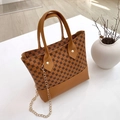 Brown printed hobo bag with black floral patterns and gold chain crossbody strap - Clover Print Style / Brown