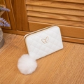 Women's quilted white wallet with embroidered butterfly ornament and fluffy pompom charm - White