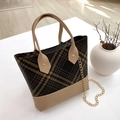 Stylish brown checked and beige paneled hobo bag with a golden chain shoulder strap - Style 1