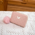 Pink quilted leather short wallet with butterfly logo and soft pompom pendant - Pink