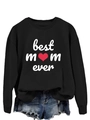 Detailed view of Best Mom Ever print on black long-sleeve sweatshirt with red heart icon - Black (White Print)