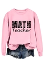 Detail of bright pink crewneck sweatshirt with MATH Teacher graphic and math symbols - Pink (Black Graphic)