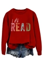 Detail of red 'Let's READ' sweatshirt with distressed denim shorts on white background - Bright Red (White Font)