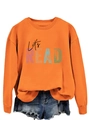 Detail of vibrant orange sweatshirt with Let's READ colorful print and denim shorts - S / Orange (Black Font)