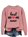 Detail of Best Mom Ever sweatshirt in pink with heart print and ribbed neckline - Rose Gold (Black Print)