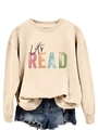 Detail of Let's Read print on beige crewneck sweatshirt paired with denim shorts - S / Sand (Black Font)