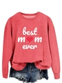 Close-up of Best Mom Ever script print on coral pink cotton blend long sleeve sweatshirt - Red (White Print)