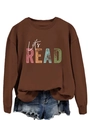 Detail of the Let's READ colorful print on this brown crewneck sweatshirt fabric - S / Coffee (White Font)