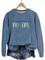 Close-up of blue pickleball print sweatshirt on wooden hanger with denim shorts - S / Blue Sweatshirt (Black Text Pattern)