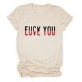 Close-up of Fuck You and Love You graphic print on soft beige crew neck cotton T-shirt - Sand (Black Text)
