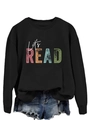 Detail of Let's Read vintage print on black crewneck sweatshirt with colorful letters - Black (White Letters)