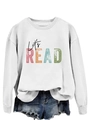 Close-up of Let's Read vintage distressed lettering on a white crewneck sweatshirt - White (Black Font)