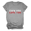 Detail of grey short sleeve T-shirt with LOVE YOU and FUCK YOU print design - Dark Grey (White Text)