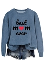 Detail of Best Mom Ever blue crewneck sweatshirt with heart print and denim shorts - Blue (Black Print)