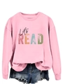 Detail view of light pink sweatshirt with 'Let's READ' graphic print and ribbed collar - Pink (Black Font)