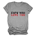 Detail of grey cotton T-shirt featuring bold black and red Love You slogan print - Dark Grey (Black Text)