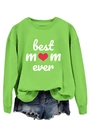 Close-up of Best Mom Ever print on green crewneck sweatshirt with red heart detail - Neon Green (White Print)