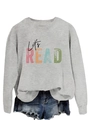 Close-up of Let's READ artistic print on light grey loose-fit cotton blend sweatshirt - Grey (Black Font)