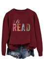 Detail of Let's READ print on a burgundy sweatshirt with ribbed cuffs and neck - Wine Red (White Font)