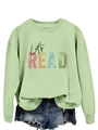 Detail of Let's Read colorful print on light green long sleeve cotton sweatshirt - Olive Green (Black Font)