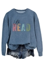 Close-up of blue Let's READ printed sweatshirt featuring soft brushed texture detail - Blue (Black Font)