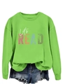 Detail of Let's READ colorful print on grass green crewneck sweatshirt with denim shorts - Fluorescent Green (White Font)